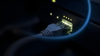Realistic macro photo of a glowing data cable connected to a sleek modern router against a dark background. Sharp detail and soft reflections emphasize connectivity and high-speed data transfer, with 