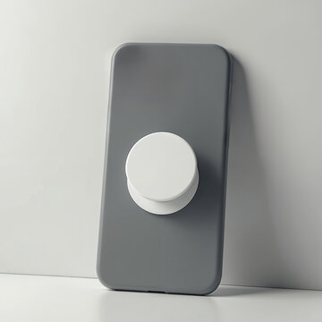 Close-up of a smartphone with popsocket. White popsocket mockup on gray mobile phone. Phone grip accessory template is ready for design. Concept for smartphone decoration or mobile accessories.
