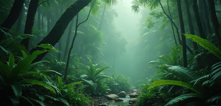 Misty jungle scene with lush green plants, dense foliage, and a small stream flowing through rocks. Tall trees and a foggy atmosphere create a tranquil, wild environment with ample copy space.