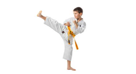 Young martial artist in a white kimono executing a powerful high kick. A dedicated child practicing karate for self-defense and discipline