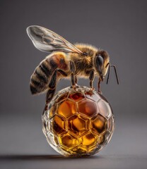 Detailed close up of bee perched atop honeycomb sphere in studio