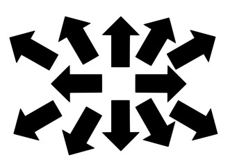Black arrows bursting outward from center — powerful symbol of expansion, energy, or multidirectional movement in minimalist style.