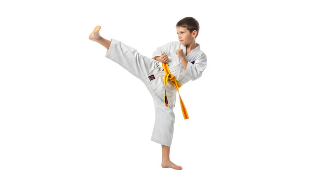 Young martial artist in a white kimono executing a powerful high kick. A dedicated child practicing karate for self-defense and discipline - Powered by Adobe