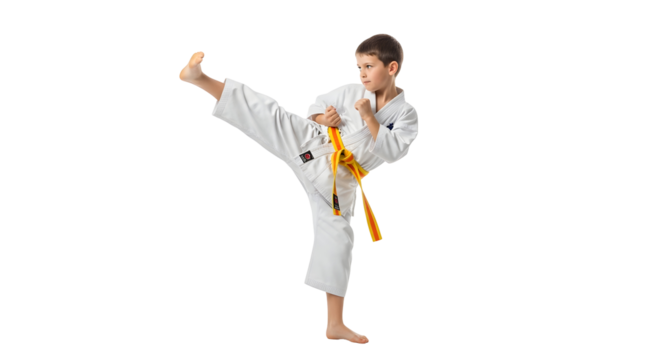 Young martial artist in a white kimono executing a powerful high kick. A dedicated child practicing karate for self-defense and discipline
