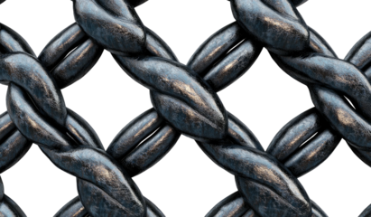 Interwoven metal cables form a diamond pattern against a dark background