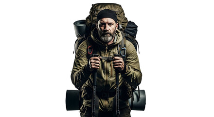 Fototapeta premium Determined bearded adventurer equipped with a large backpack and trekking poles, ready to embark on a rugged outdoor expedition, symbolizing endurance and a spirit of wilderness exploration