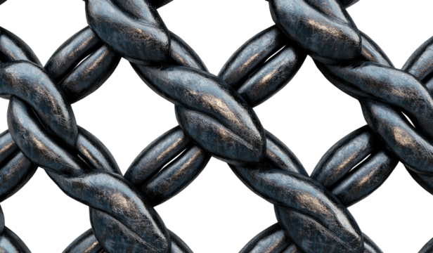Interwoven metal cables form a diamond pattern against a dark background