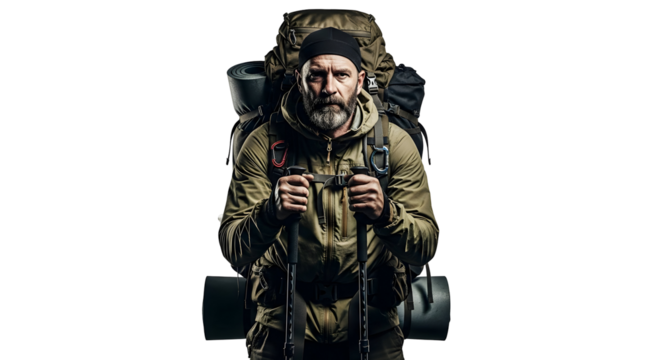 Determined bearded adventurer equipped with a large backpack and trekking poles, ready to embark on a rugged outdoor expedition, symbolizing endurance and a spirit of wilderness exploration