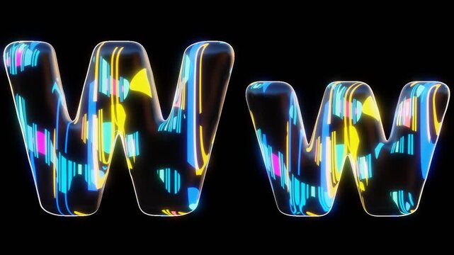 Modern alphabetic letter &ndash; W w - letter with black background inside, transparent background outside, seamless loop