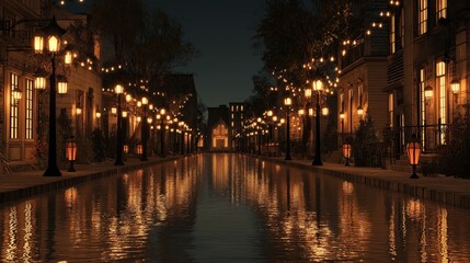 Naklejka premium noir-style colonial street with lantern lights and reflections