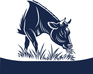 Stylized silhouette of a dark blue cow grazing in green grass with a white background