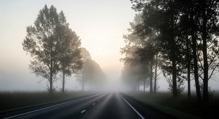 Foggy Highway Road. Misty Morning Travel Background.