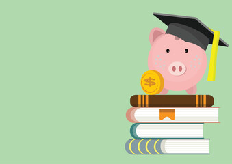 Education fund concept. Piggy bank with graduation hat and stack of books. Learning and training. Financial services. Academic pension. Flat vector illustration 