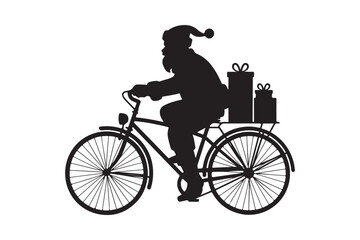 Naklejka premium Santa claus silhouette riding a bicycle with gifts on the back