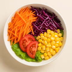 Fresh Vegetable Salad with Carrot, Corn, Cabbage, and Tomato on Cream Background