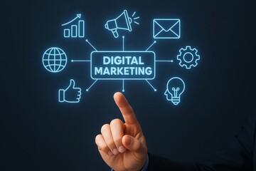 Fototapeta premium Hand is pointing to a digital marketing sign. The sign is made up of various icons, including a globe, a microphone, and an envelope. Concept of a global, connected