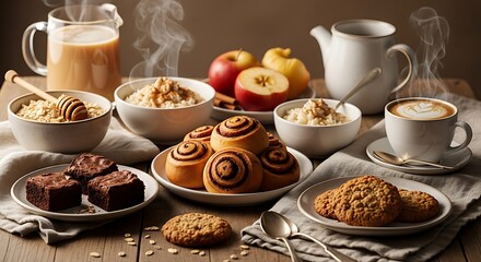 Fototapeta premium A delightful breakfast spread featuring cinnamon rolls, brownies, cookies, oatmeal, apples, coffee, and tea isolated on white background, perfect for a cozy morning
