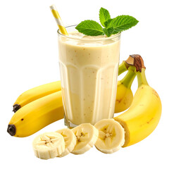 Refreshing banana smoothie in a glass, garnished with mint, surrounded by bananas
