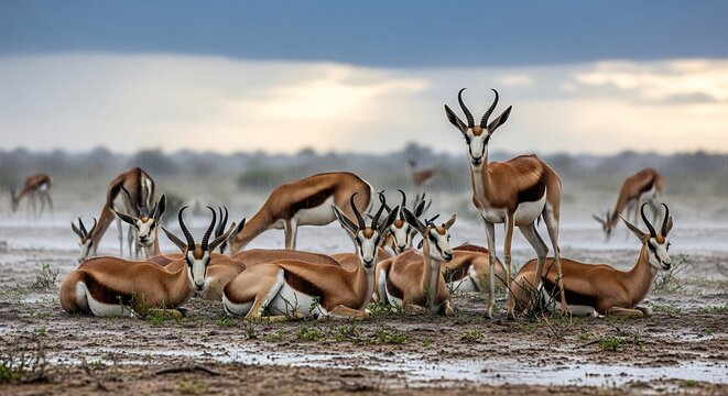 Springbok Herd Grazing in the Kalahari Desert Landscape.