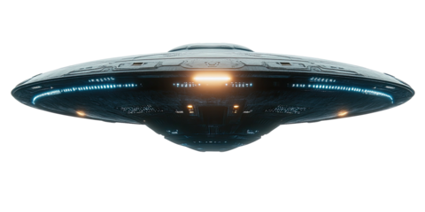 Sleek metallic UFO with blue and orange lights against a dark background