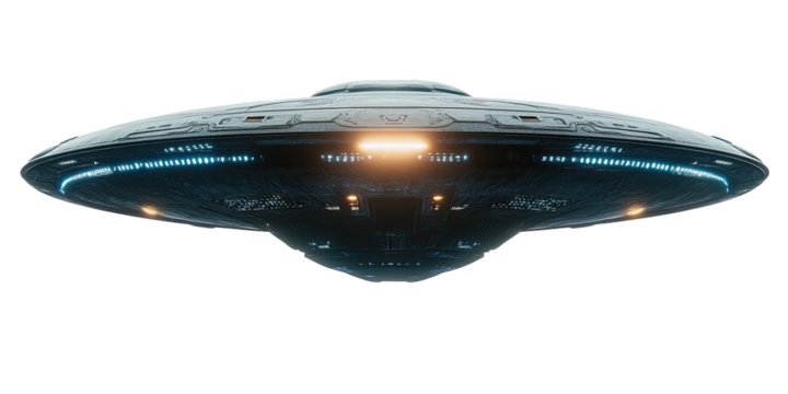 Sleek metallic UFO with blue and orange lights against a dark background