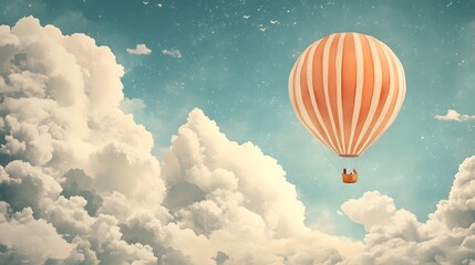 Fototapeta premium Hot air balloon ascends into a sky filled with clouds and stars.