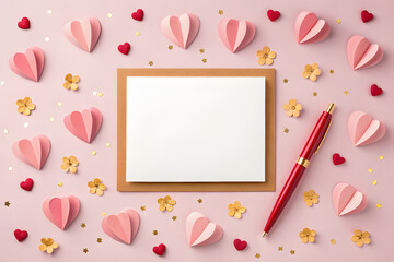 Valentine's Day greeting card mockup with paper hearts and flowers. Flat lay for romantic message templates