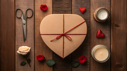 Romantic gift box on rustic wood. Valentine's Day flat lay for handmade packaging and blog headers