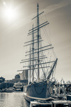 Hamburg, Germany - August 21, 2025: The historic sailing ship Rickmer Rickmers in the harbor.