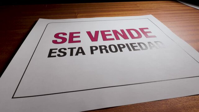Letrero se vende esta propiedad impreso en papel sobre mesa 9