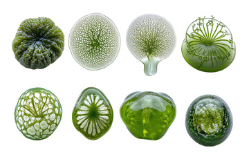 Eight organic forms, green, circular, branching patterns on black background