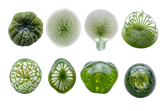 Eight organic forms, green, circular, branching patterns on black background