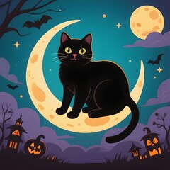 Black cat sitting on a crescent moon with halloween decorations