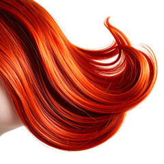 Vibrant red hair flowing, curled at the ends, with highlights, close-up, isolated on black