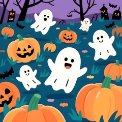 Cute halloween ghosts and pumpkins in a spooky field