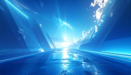 A futuristic path extends towards a celestial opening with radiating light, flanked by crystalline structures under a sky filled with clouds