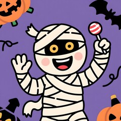 Cute cartoon mummy character holding a lollipop with halloween decorations