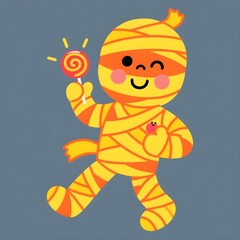 Cute cartoon mummy character holding a lollipop and winking