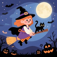Cute witch and black cat flying on broomstick under full moon
