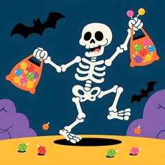 Happy skeleton dancing with candy bags on halloween night