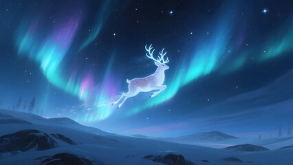 Majestic reindeer leaping under a vibrant aurora borealis sky