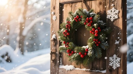 Rustic wooden door with christmas wreath and snowfall