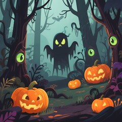 Spooky halloween forest scene with ghost and jack o lanterns