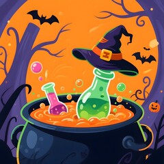 Spooky halloween witch s cauldron with potions and bats