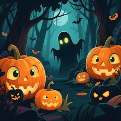 Spooky halloween forest scene with glowing jack o lanterns and a ghost