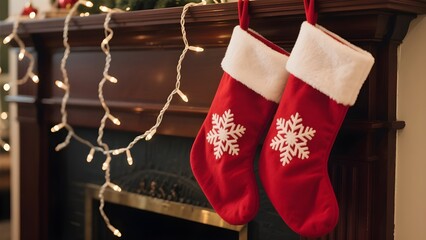 Two red christmas stockings with snowflakes hanging on fireplace mantel with lights