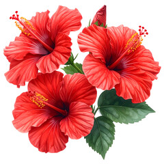 A cluster of vibrant red hibiscus flowers with yellow stamens and green leaves