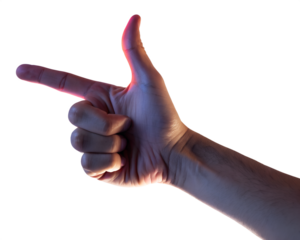 Human hand making a gun gesture with thumb and index finger extended isolated on transparent background