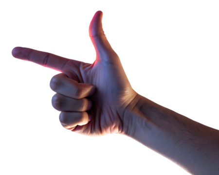 Human hand making a gun gesture with thumb and index finger extended isolated on transparent background