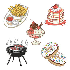 Print Set of retro various US food sketch style drawings